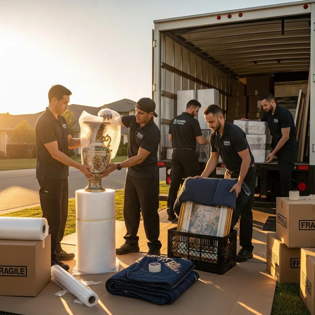Professional movers carefully packing fragile items, including a decorative vase, into a truck using protective materials and techniques, illustrating their commitment to safe handling during a move.