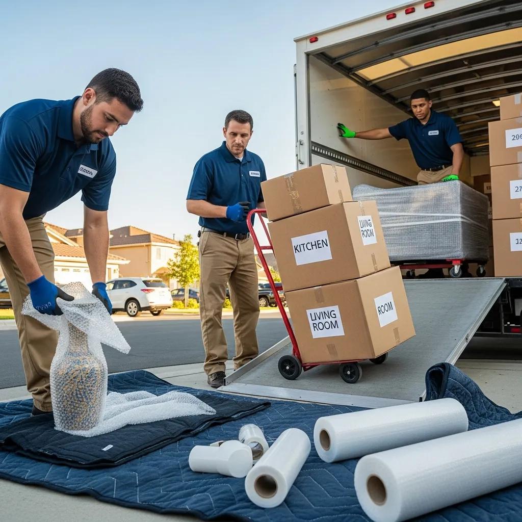Professional movers packing items into a truck for a long-distance move
