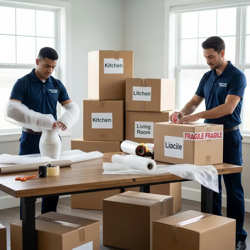 Professional movers securely packing items in labeled boxes, illustrating packing solutions for interstate moves from New York to Florida.