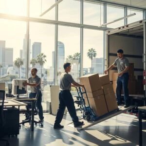 Professional movers packing office equipment for a commercial move in Los Angeles