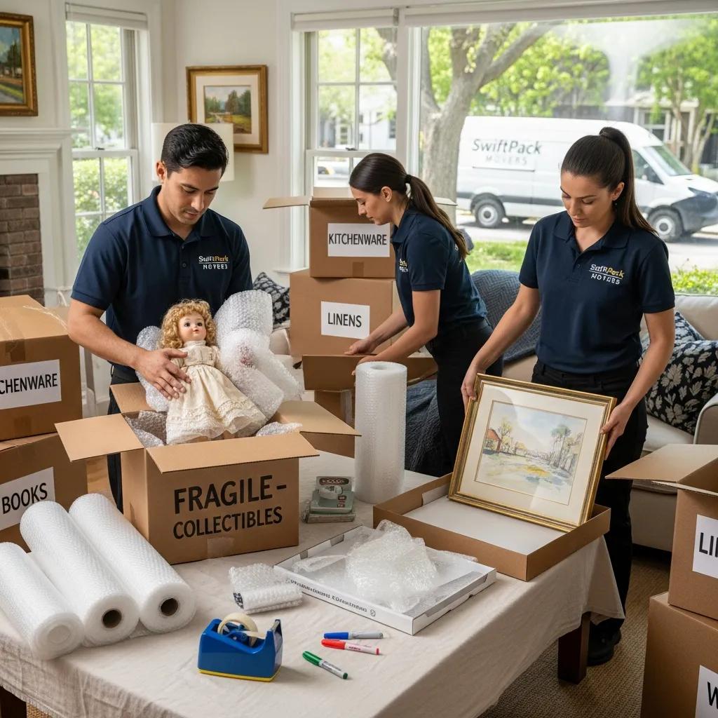 Professional movers efficiently packing items, including fragile collectibles and kitchenware, in a home setting, emphasizing packing services for a smooth long-distance move.