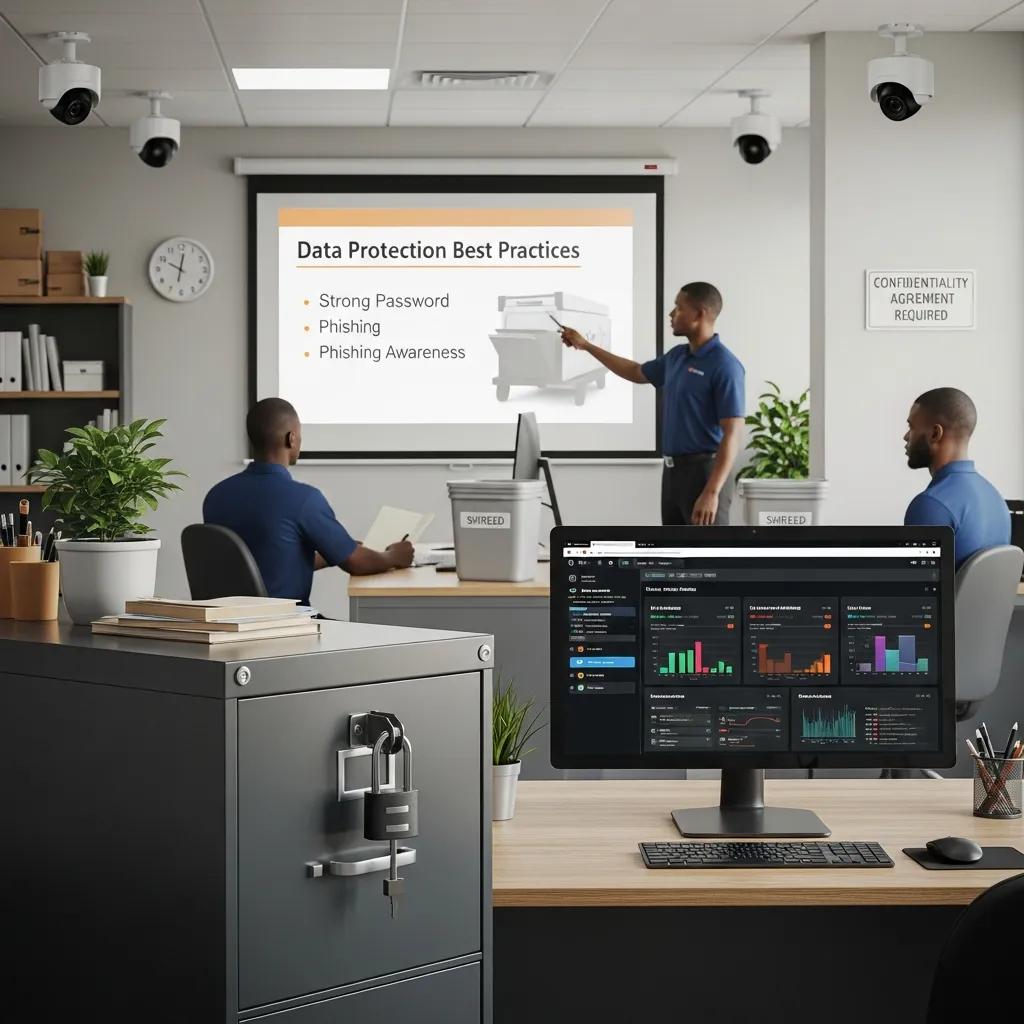 Security measures in a moving company office, highlighting data protection practices and employee training