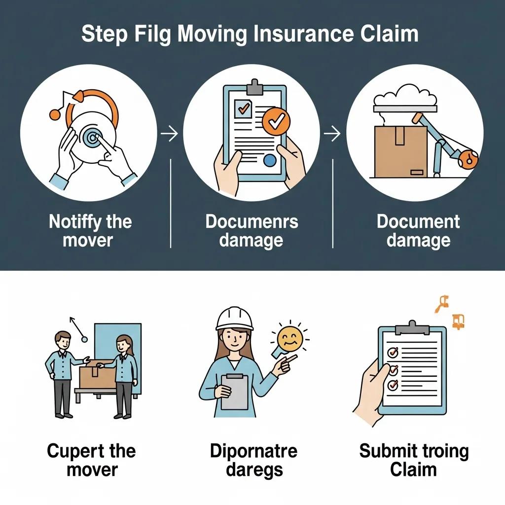 Step-by-step guide for filing a moving insurance claim, illustrating notification, documentation of damage, and submission processes, with icons representing each stage.