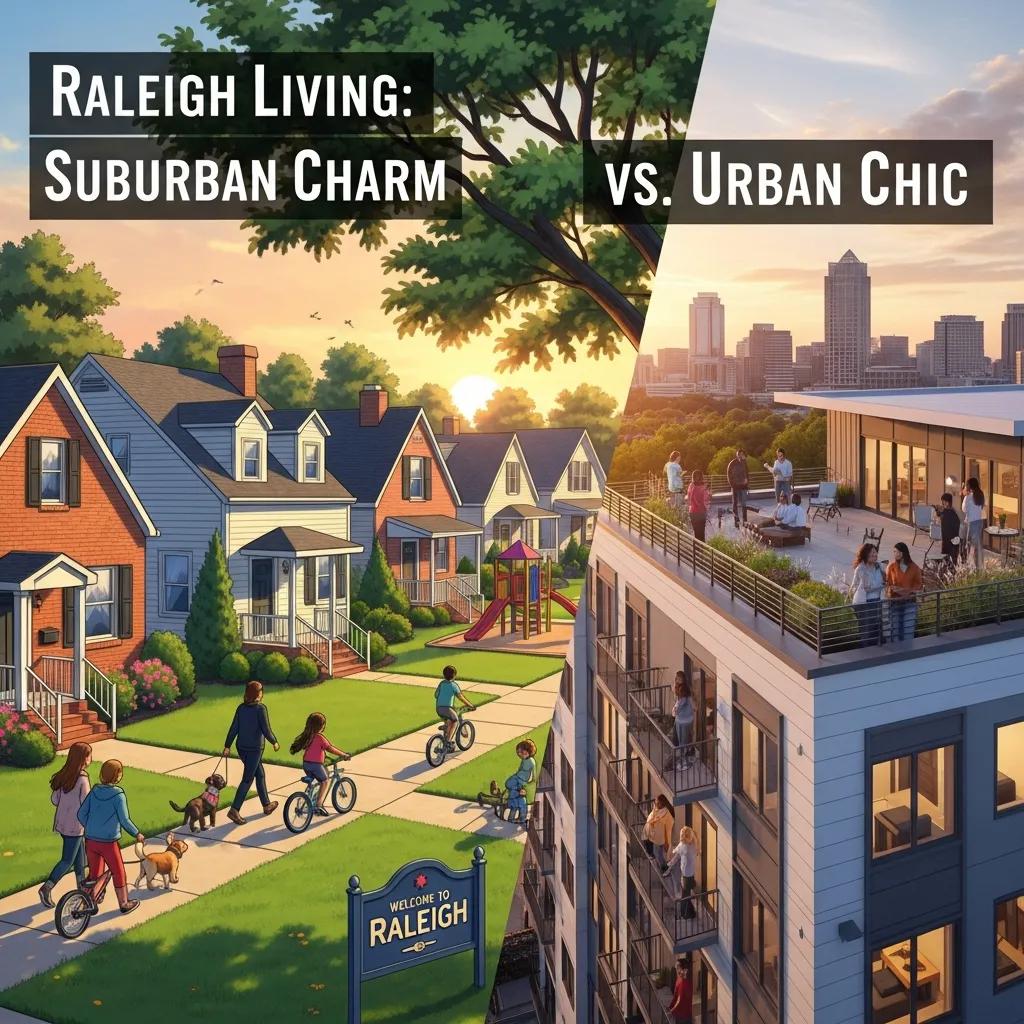 Suburban neighborhood in Raleigh, NC, featuring affordable housing options, families walking dogs, children biking, and a "Welcome to Raleigh" sign, contrasting urban skyline in the background.