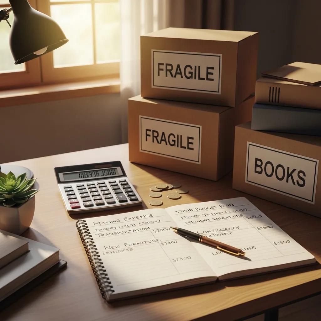 Calculator and moving boxes representing budgeting for relocation costs from Poughkeepsie to Charlotte