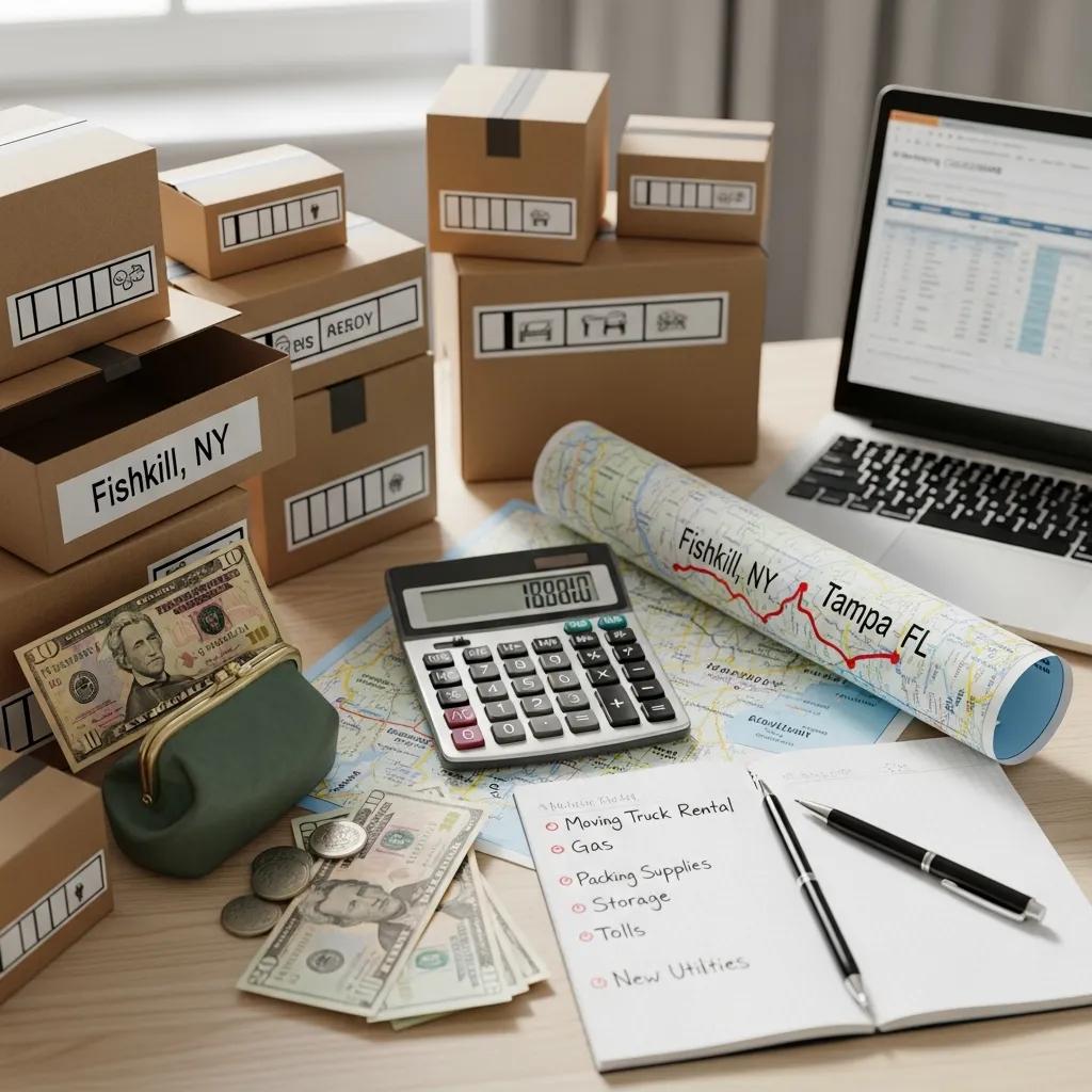 Calculator and moving boxes representing the costs of relocating from Fishkill to Tampa