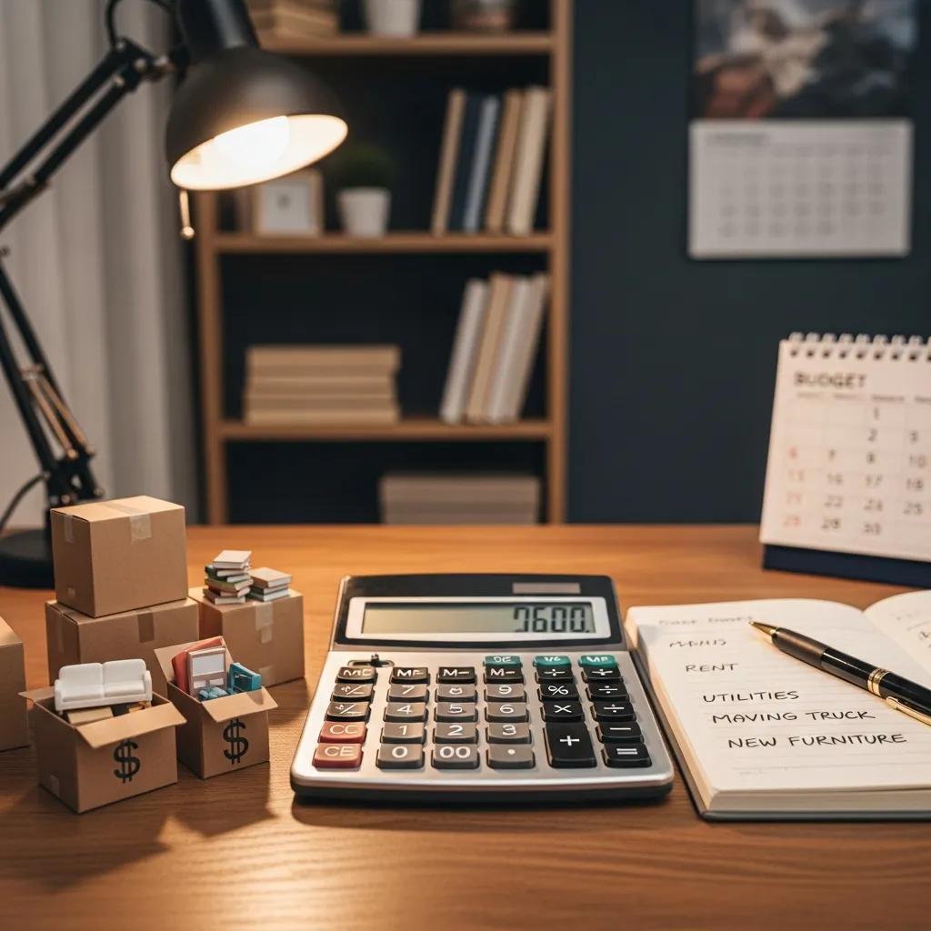 Calculator and moving supplies representing budgeting for relocation costs from Massachusetts to South Carolina