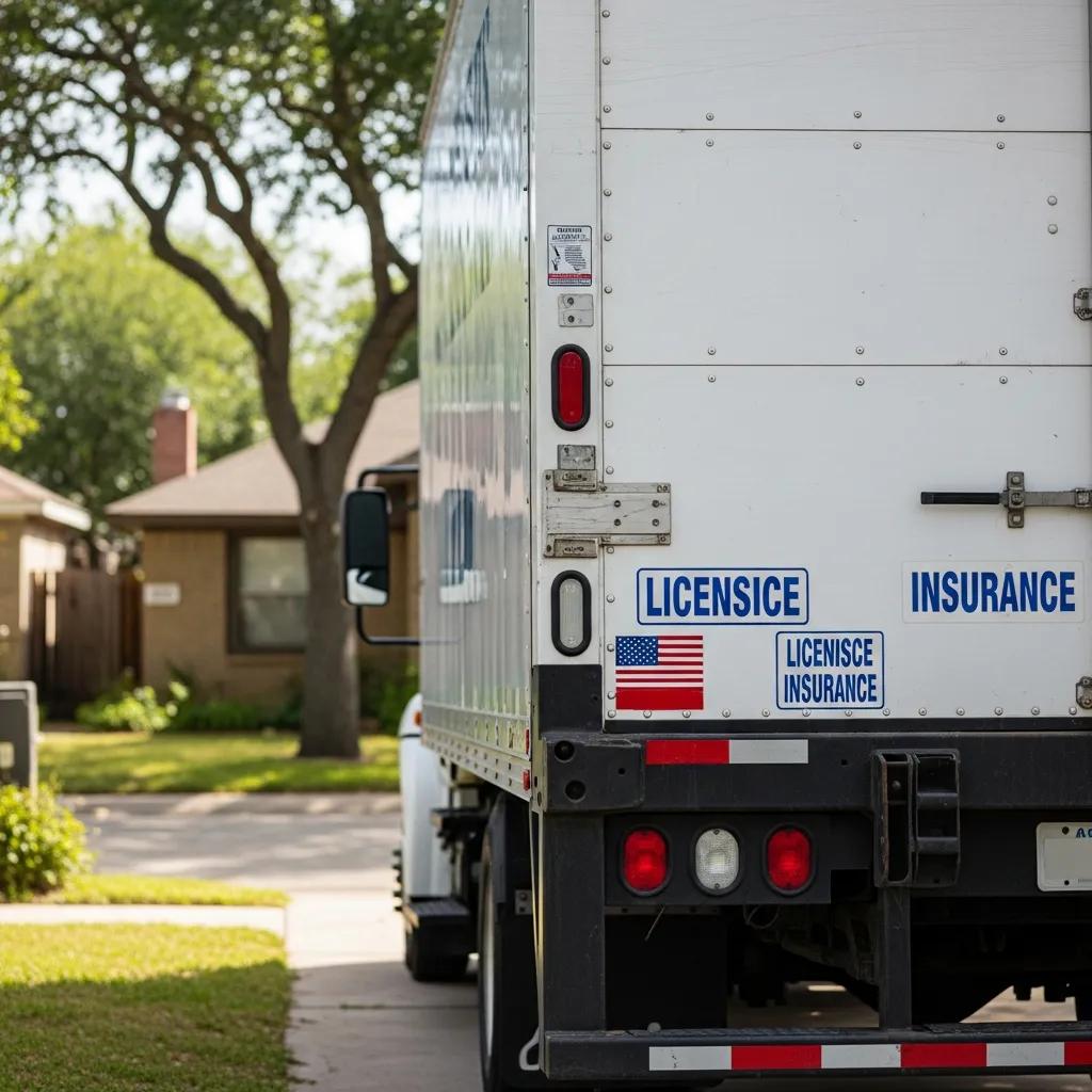 Close-up of a licensed and insured moving truck in an Austin neighborhood, symbolizing trust in moving services