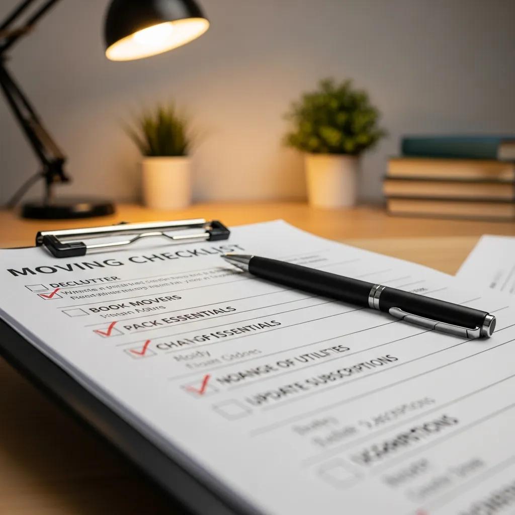 Close-up of a moving checklist on a clipboard with a pen