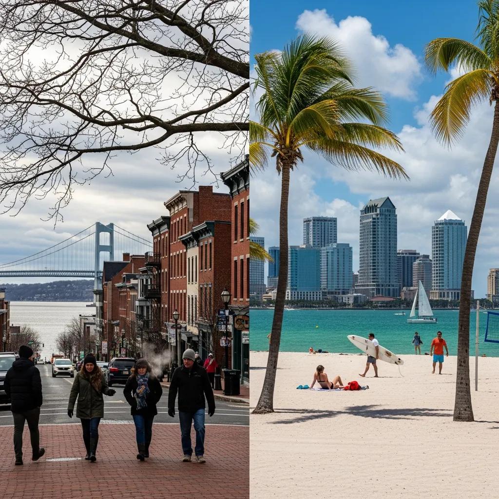 Contrasting lifestyles of Poughkeepsie, NY, and Tampa, FL, showcasing climate and culture differences