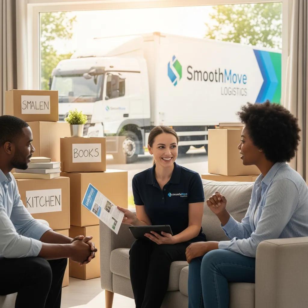 Couple consulting with a moving company representative about relocation options from Massachusetts to South Carolina