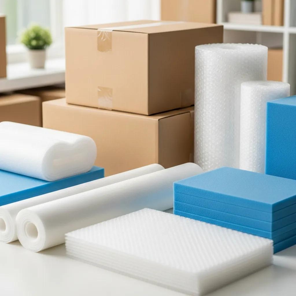 Essential packing materials for fragile items including boxes, bubble wrap, and packing paper