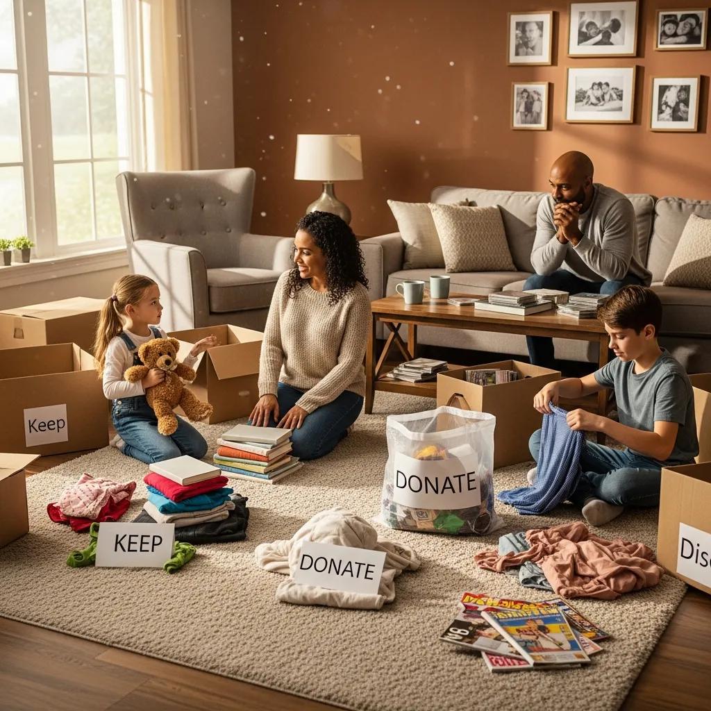 Family sorting items into keep, donate, and discard piles in a cozy living room