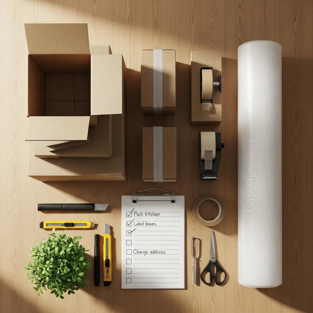 Flat lay of moving supplies and checklist for relocating from New Hampshire to Florida