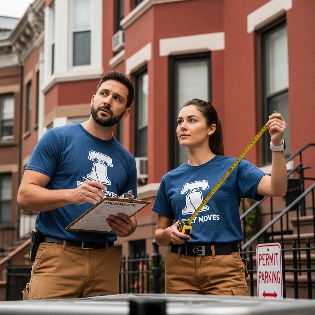 Moving crew discussing logistics in front of a Philadelphia apartment, highlighting local expertise and professionalism