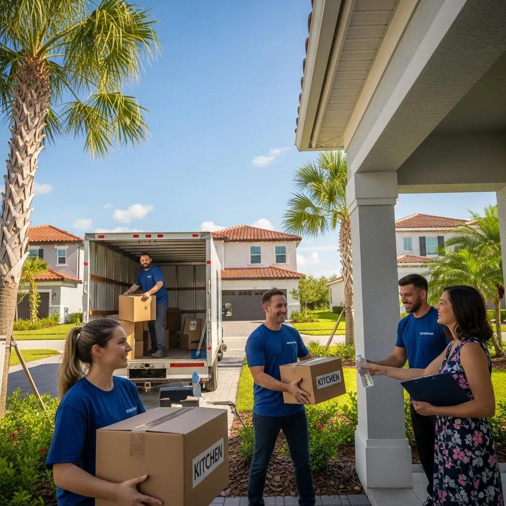 Moving team unloading boxes on moving day in Florida, illustrating the relocation process