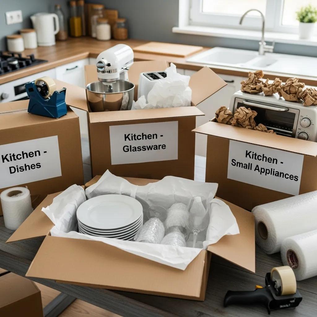 Neatly packed kitchen items in boxes, demonstrating efficient packing techniques for moving