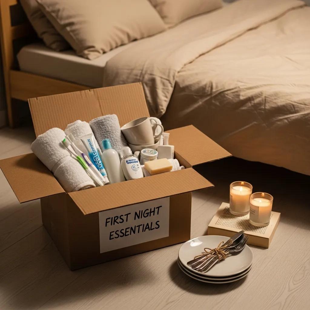 Open first-night box with essentials like bedding and toiletries in a cozy new home