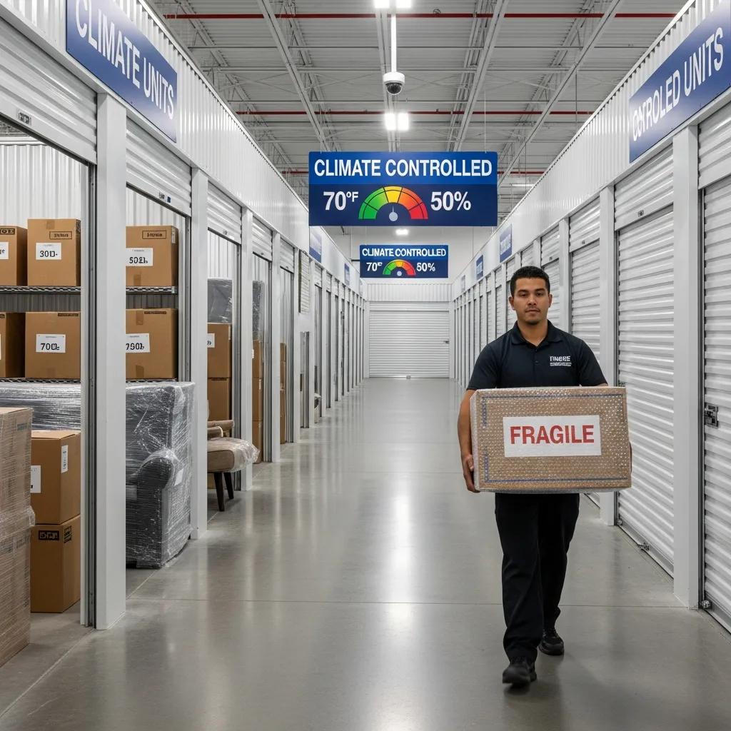 Organized storage facility with packed boxes and furniture, illustrating professional packing and storage solutions for moving