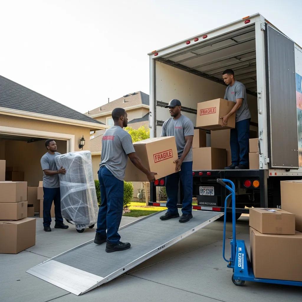 Professional movers packing items into a truck, illustrating long-distance moving services