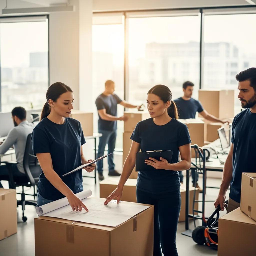 Project manager coordinating a phased office relocation with movers in a busy office environment