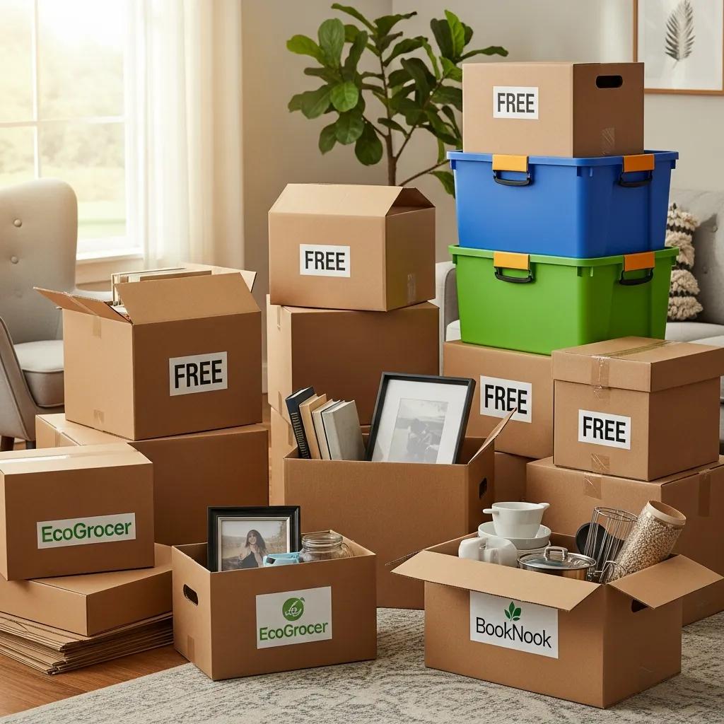 Various affordable moving box solutions, including used boxes and reusable bins for packing