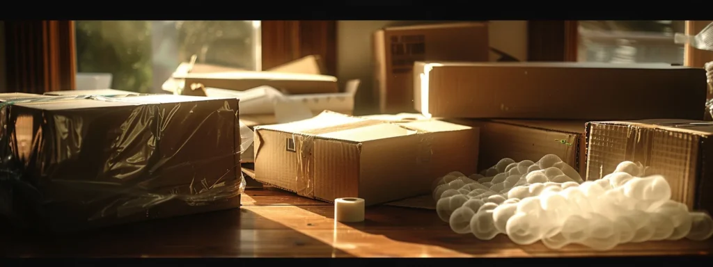 an assortment of sturdy cardboard boxes, bubble wrap, and packing tape arranged neatly on a wooden table.