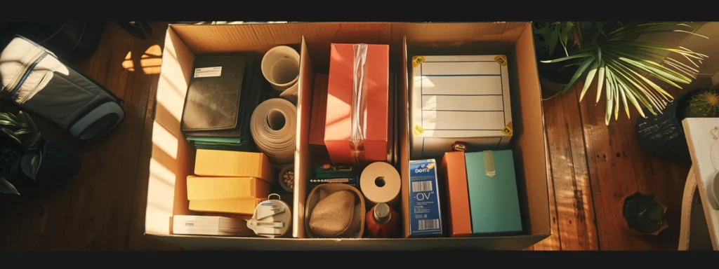 a neatly organized moving box filled with labeled items and packing supplies.