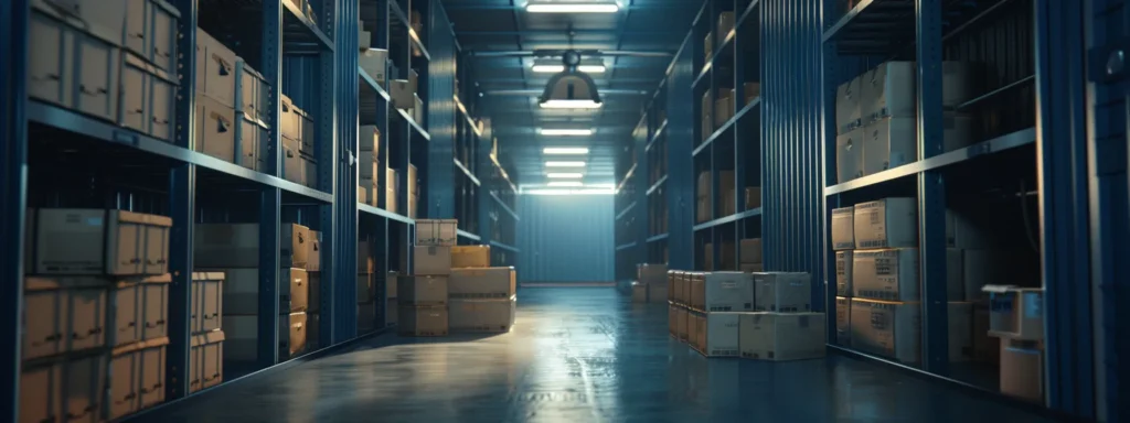 a sturdy, locked storage unit filled with neatly stacked moving boxes in a well-lit facility.