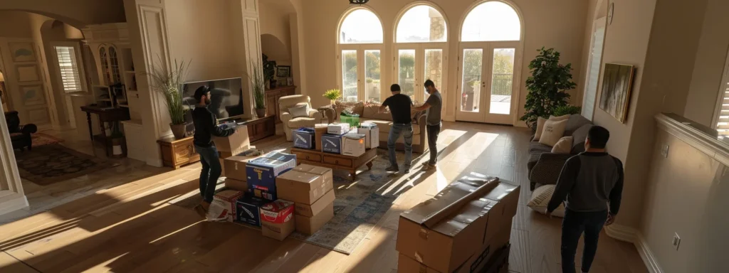 a professional moving crew efficiently unpacking boxes in a newly furnished, spacious living room.