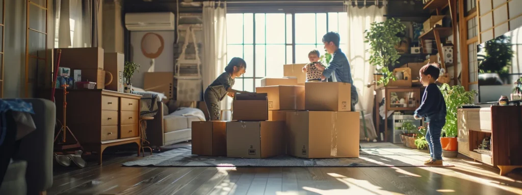 a family happily packing moving boxes filled with household items in a bright, spacious living room, ready to maximize savings on their local move.