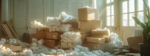 A stack of recyclable boxes filled with biodegradable packing peanuts and surrounded by reusable bubble wrap and packing paper in a sunlit room.