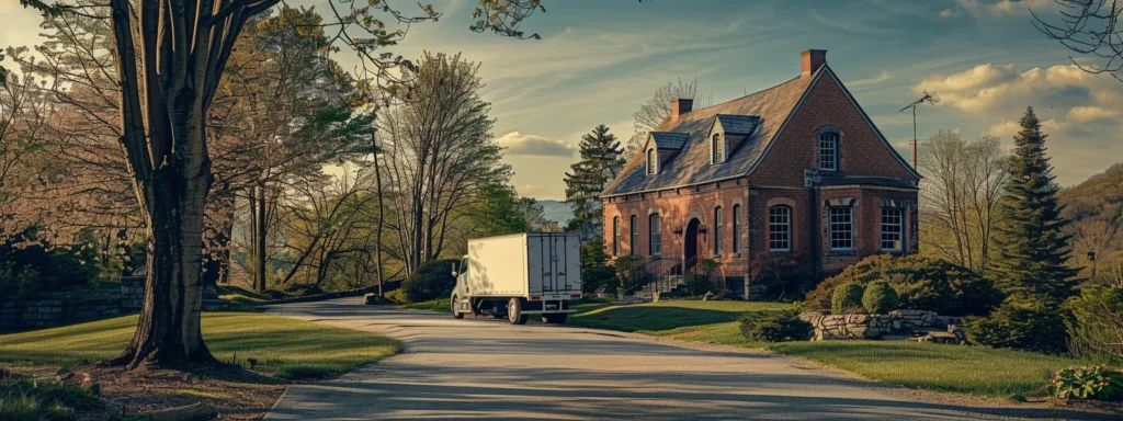 a moving truck parked in front of a charming brick house in the scenic hudson valley.