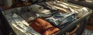 efficiently packed suitcase with neatly rolled clothes and organized compartments.