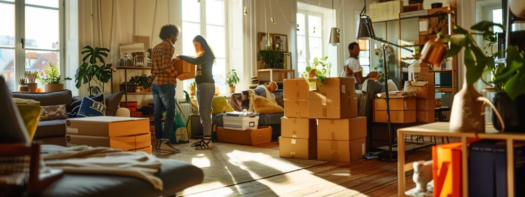 a professional moving team efficiently packing boxes in a cozy living room with precision and speed.