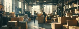 A group of movers carefully packing boxes in a spacious and organized warehouse.