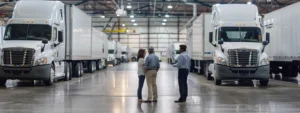 a couple carefully inspecting a fleet of pristine moving trucks with uniformed employees standing by, ready to assist, in a spacious warehouse setting.