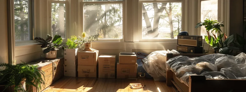 a serene room with sunlight streaming through a large window, casting a warm glow on neatly packed boxes and open suitcases, ready for a move to hudson valley.