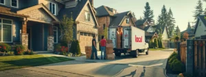 a family watching as two movers carefully load boxes into a truck labeled "local movers" in front of a quaint suburban house.