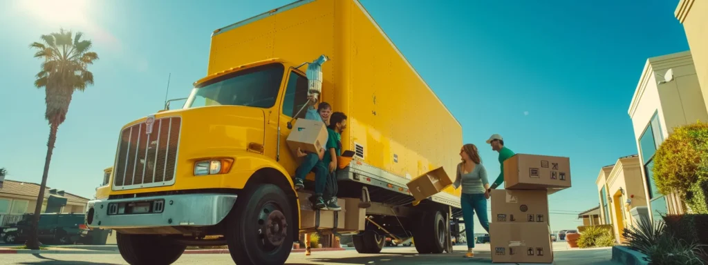 a family loading boxes into a bright yellow moving truck under a clear blue sky.