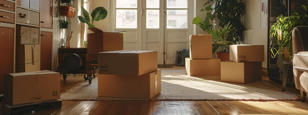 a neatly organized stack of moving boxes in a spacious, clutter-free living room ready for a stress-free local move.