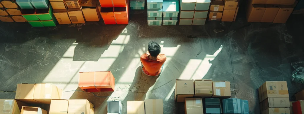 a person surrounded by color-coded moving boxes and a detailed checklist, preparing for a move.