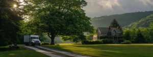 A moving truck parked in front of a charming country house in the scenic hudson valley, surrounded by lush green trees and rolling hills.