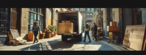 a group of movers swiftly loading furniture into a truck, showcasing efficiency and professionalism.