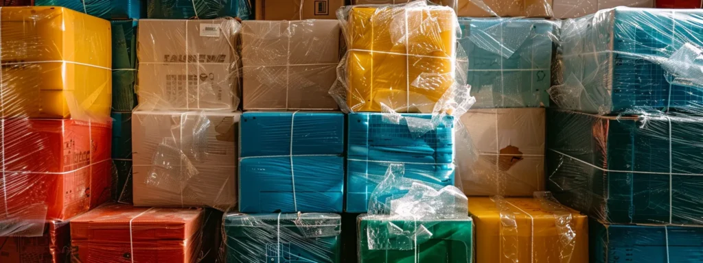 a stack of colorful moving boxes surrounded by bubble wrap and packing tape, signifying the convenience of unlocking instant quotes for your packing needs.