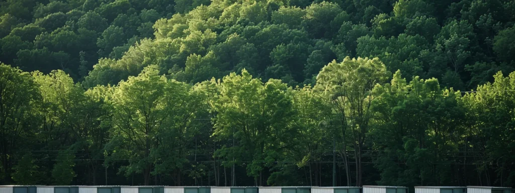 a row of sturdy, weatherproof storage units nestled among lush green trees in a serene hudson valley landscape.