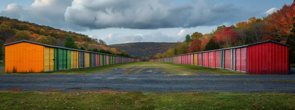 discover a row of vibrant, color-coded storage units in the picturesque landscape of hudson valley.