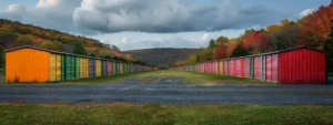 Discover a row of vibrant, color-coded storage units in the picturesque landscape of hudson valley.