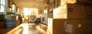 a stack of sturdy, personalized moving boxes labeled with the name and address of a family moving to a new home.