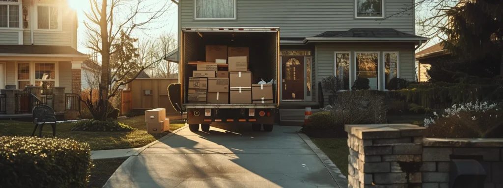 a moving truck filled with boxes and furniture parked in front of a sunny, suburban home.